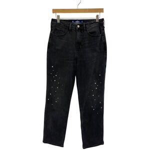 Hollister High-Rise Vintage Straight Jeans Rhinestone Studded Black Wash W27 L27